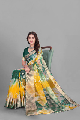 Aarunika LGF Embroidered Bollywood Organza Saree(Green, Yellow)
