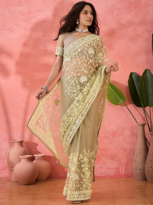 manvaa Embellished Daily Wear Net Saree(Yellow)
