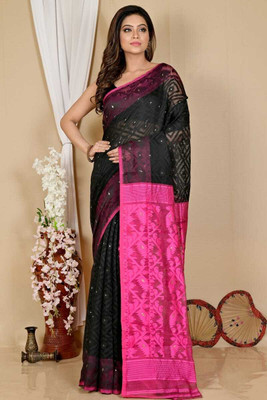 Mondal Saree Centre Printed Bollywood Cotton Silk Saree(Black, Pink)