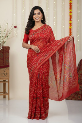 saaree Tie-Dye, Printed Bandhani Georgette Saree(Red)