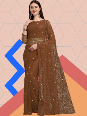 SwiftStyle Embellished Bollywood Net Saree(Brown)