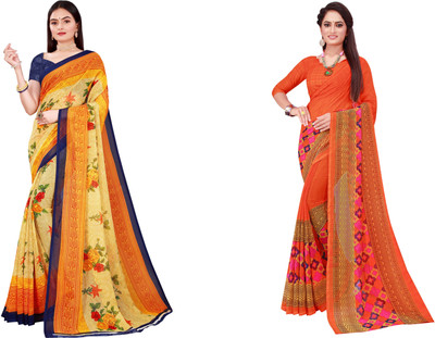 Saadhvi Printed Daily Wear Georgette Saree(Pack of 2, Dark Blue)