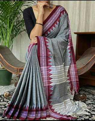 AjoyDas Woven Handloom Cotton Blend Saree(Grey)