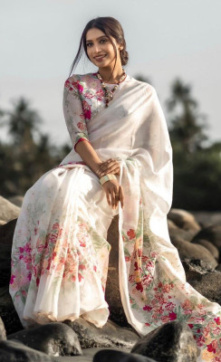 Gajal Self Design Bollywood Linen Saree(White)