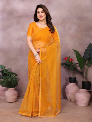 Anand Sarees Solid/Plain Bollywood Net, Lace Saree(Yellow)