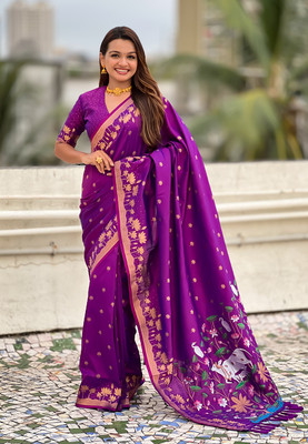 all about you Woven Banarasi Silk Blend Saree(Purple)