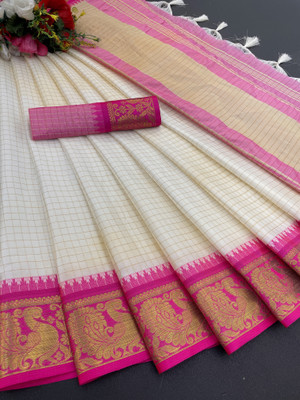 Aquiliq Self Design Kanjivaram Silk Blend Saree(Blue)