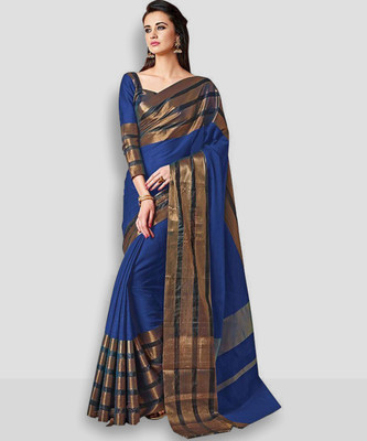 BAPS Striped, Woven, Embellished, Solid/Plain Mysore Cotton Blend, Art Silk Saree(Blue)
