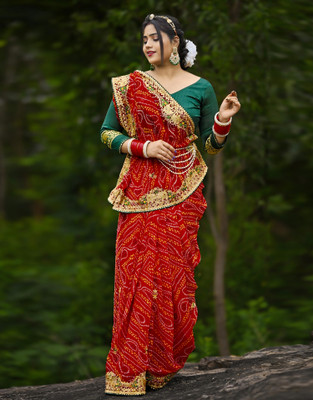 all about you Printed, Embroidered, Embellished Bandhani Georgette, Lace Saree(Red)