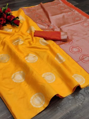 KHANJAN FASHION Graphic Print, Self Design, Woven Assam Silk Silk Blend, Jacquard Saree(Yellow)