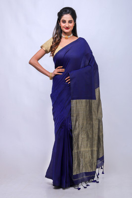 New Sareee Center Color Block Handloom Handloom Pure Cotton Saree(Dark Blue)