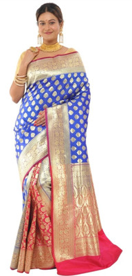 NAZABSAREES Woven Banarasi Satin Saree(Dark Blue, Red)