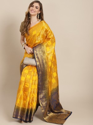 Divastri Self Design, Printed, Embroidered, Woven Banarasi Jacquard, Cotton Silk Saree(Blue, Yellow)