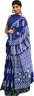 Clothonus Printed Ikkat Pure Cotton Saree(Blue)
