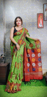 Joyguru Textile Printed Hand Batik Cotton Blend Saree(Green)