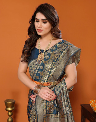 YASHIKA Self Design Kanjivaram Silk Blend Saree(Blue)