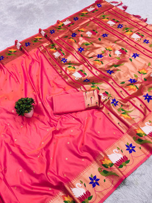Divastri Woven Paithani Cotton Silk Saree(Pink)
