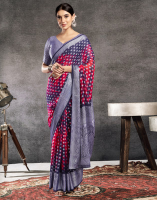 Samah Dyed, Self Design, Woven, Embellished Banarasi Georgette Saree(Dark Blue, Red, Silver)