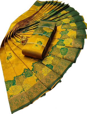 VASTUKALA Woven Kanjivaram Pure Silk, Art Silk Saree(Yellow, Green)