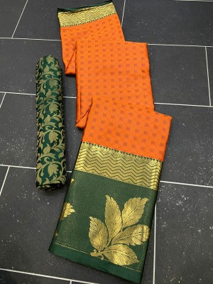 Aika Self Design Banarasi Cotton Silk Saree(Orange)