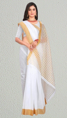 SHRISAREEESa Striped Bollywood Pure Cotton Saree(White)