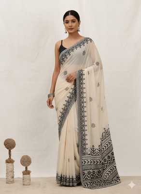 Albira Creation Printed, Animal Print, Floral Print, Temple Border Bollywood Cotton Linen Saree(Cream)