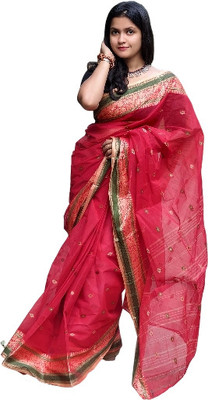 Adwaita Global Woven Tant Handloom Pure Cotton Saree(Red)