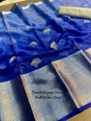 AKHANAD ANAND CREATION Embroidered Chettinadu Organza Saree(Blue)