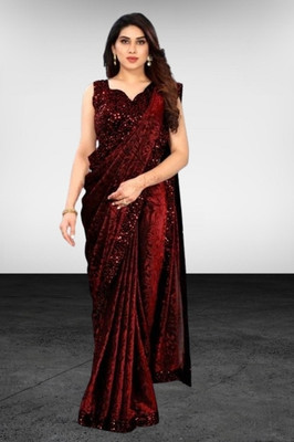 Vragi Floral Print Bollywood Lycra Blend Saree(Maroon)