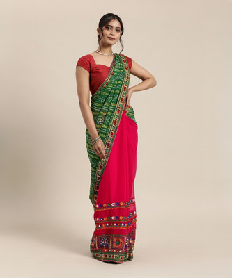 Tasrika Embroidered Bandhani Georgette Saree(Green, Pink)