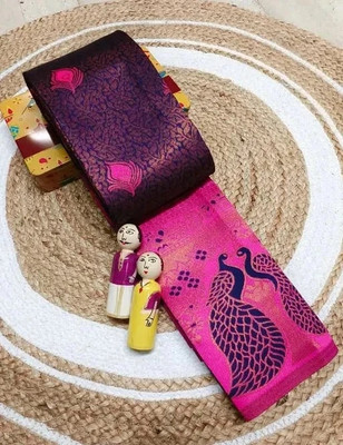 KanjiQueen Woven Kanjivaram Silk Blend, Pure Silk Saree(Dark Blue, Pink)