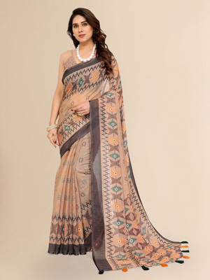 Moda Rapido Printed Bollywood Linen Saree(Beige)