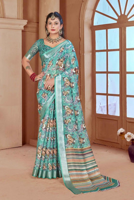Rachna Printed Daily Wear Linen Saree(Green)