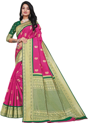BuyNests Woven, Self Design Kanjivaram Silk Blend Saree(Pink)