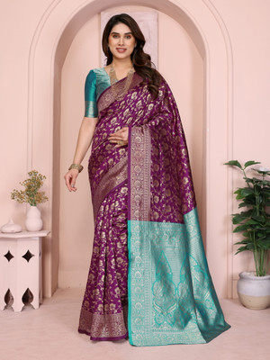 The Style Sanctuary Floral Print, Woven, Embellished Banarasi Silk Blend Saree(Purple)