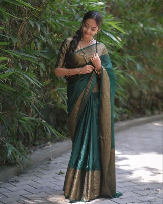 Anjaneya Sarees Woven Banarasi Silk Blend Saree(Dark Green)