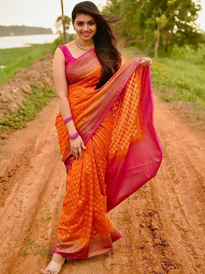 Moda Rapido Woven Daily Wear Silk Blend Saree(Orange)