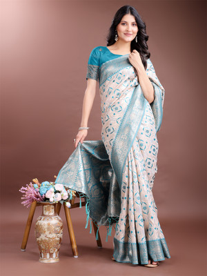 Tasrika Woven Banarasi Cotton Linen Saree(White, Blue)