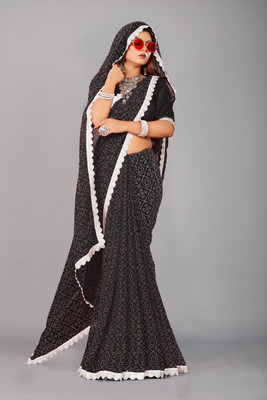Georgette Saree Printed Bandhani Chiffon, Georgette Saree(Black)