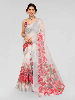 Divastri Embellished, Floral Print, Digital Print Bollywood Cotton Blend Saree(White)