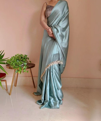 PD CLOTH VILLA Solid/Plain Bollywood Satin, Silk Blend Saree(Light Green)