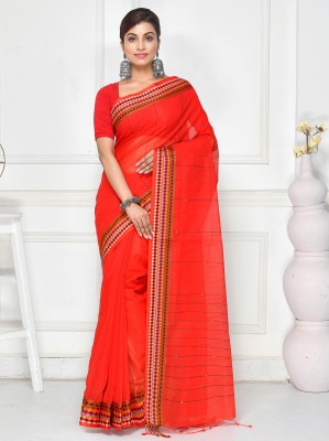 Mystory Woven Handloom Cotton Blend Saree(Orange)