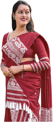 VEPEX Self Design Mekhela Chador Cotton Blend Saree(Red)