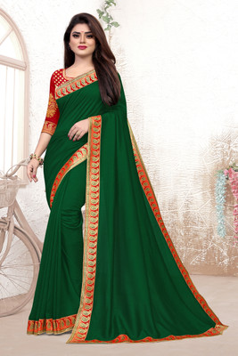 SAMRUDDHI TRENDZ Solid/Plain Bollywood Silk Blend Saree(Dark Green)