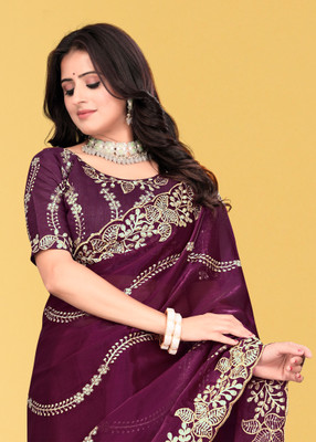 Mortile Designer Studio Embroidered Banarasi Lycra Blend Saree(Maroon)