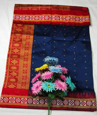 LYANNA Temple Border, Solid/Plain Sambalpuri Handloom Dupion Silk Saree(Dark Blue)