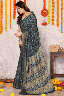 MIRCHI FASHION Printed, Embellished Kalamkari Cotton Silk, Silk Blend Saree(Dark Blue, Cream)
