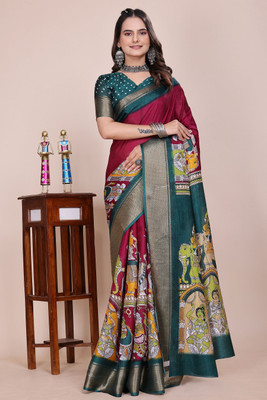 Aangan Silk Printed Daily Wear Cotton Silk Saree(Multicolor)