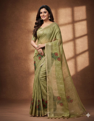 UNBRENDED Floral Print Banarasi Silk Blend Saree(Green)