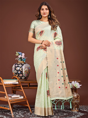 Divastri Woven Banarasi Cotton Linen Saree(Green)